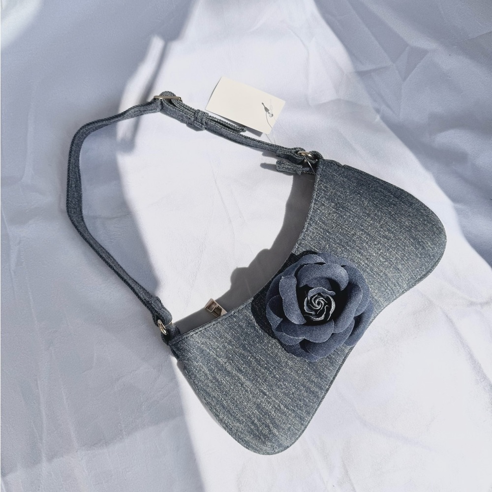 Denim Shoulder Bag with Floral Accent
